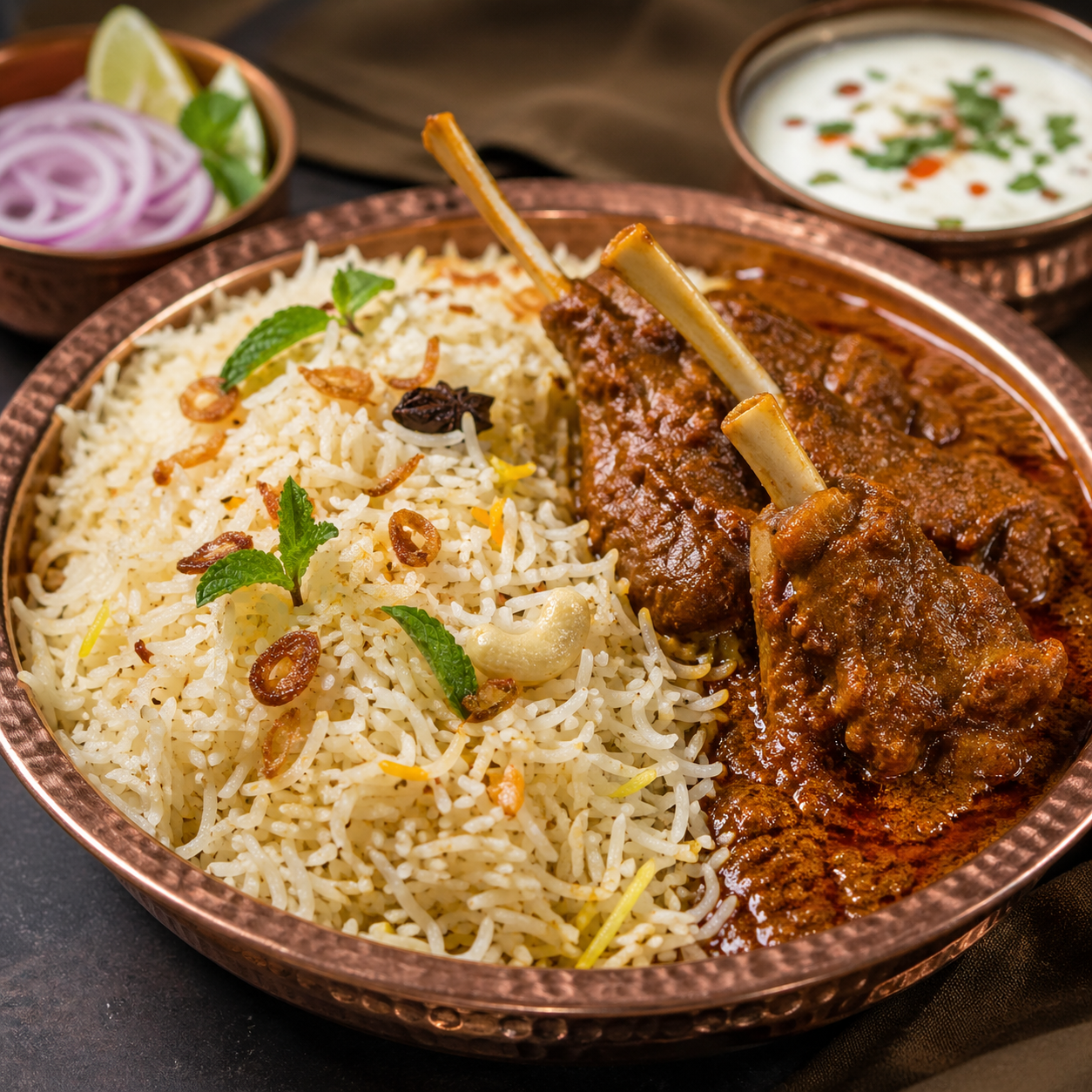 Bhagara Rice with Gongora Mutton Curry