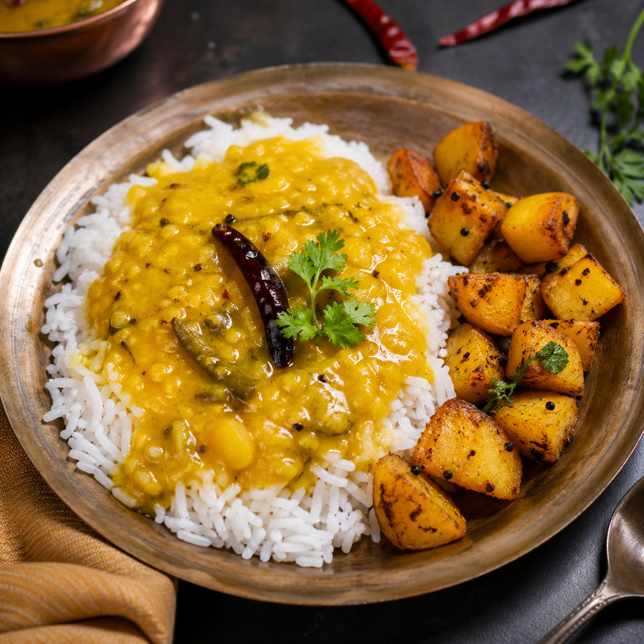 Pappu Charu Rice Over Aloo Fry