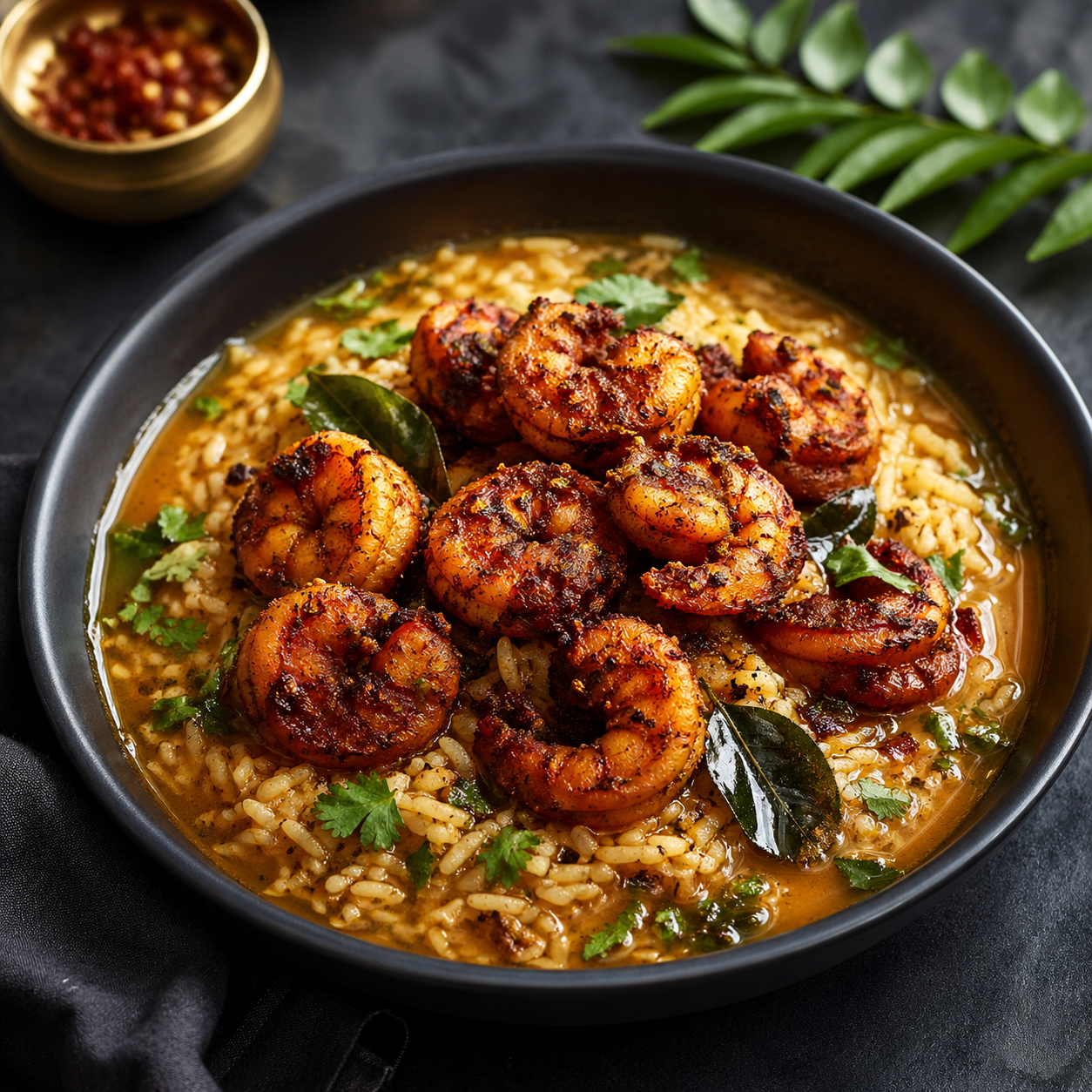 Rasam Rice Over Shrimp Fry